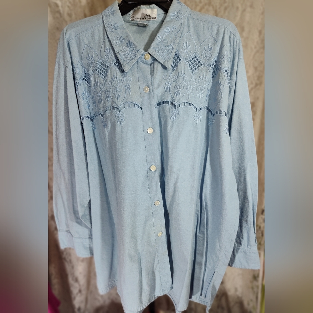 Exclusif By Whispers Light Blue Cotton  Embroidered Button-Up Shirt NWOT